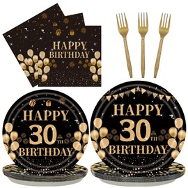 EMrups 96PCS 30th Birthday Party Plates Set Black and Gold Theme Decorations Include Black Gold Plates and Napkins Forks for 30 Year Old Men Women Birthday Party Supplies Serves 24 Guests