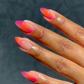 IMRAIN Press on Nails Short Almond Fake Nails Orange Pink Ombre French Tips False Nails Gradient Glossy Glue on Nails Full Cover Spring Summer Oval Stick on Artificial Nails
