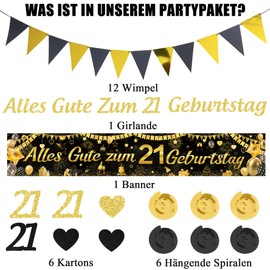 Xietaea 21st Birthday Decoration Man Woman - Black Gold 21 Birthday Decoration Banner Garland and Bunting, Hanging Swirls and Birthday Banner for 21 Year Party Decoration