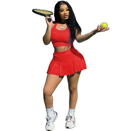 Womens Casual Sports 2 Piece Outfits Skirt Sets Athletic Tank Crop Top Mini Pleated Tennis Golf Skorts Skirts Activewear Red S