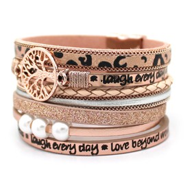 P Ammy Fashion® Inspirational Tree of Life Wide Leather Bracelets for Women Boho Cuff Bohemian Jewelry Gifts Bangle with Magnetic Clasp (Leopard Pink)