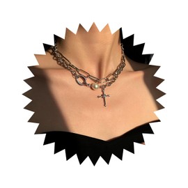 Atentuyi Boho Layered Cz Cross Pendant Necklace Silver Small Pearl Choker Chain Paperclip Chain Link Necklace Religious Necklace Jewelry for Women and Girls