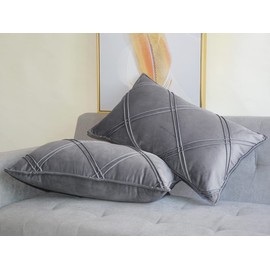 Lutanky Light Grey Velvet Cushion Covers Decorative Rectangle Throw Pillow Covers Checked Design Elegant Pillowcases for Sofa Bed Living Room 12x20 Inch 30 x 50 cm Set of 2