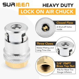 SURIEEN Lock On Air Chuck, 1/4FNPT Heavy Duty Closed Flow Brass Tire Chuck, Tire Air Chuck for Tire Inflator Gauge and Air Compressor (2 Pack)