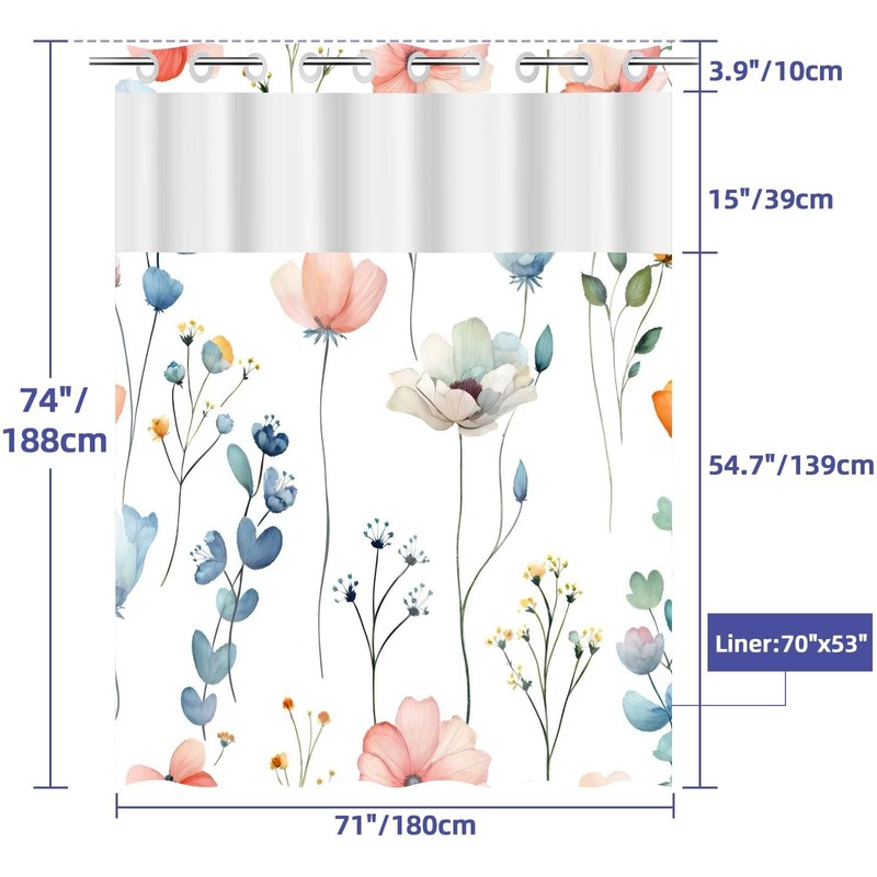 OSUNBD No Hook Shower Curtain 71 x 74 Inch, Watercolor