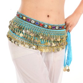 MUNAFIE - Pañuelo para danza del vientre, falda con cinturón ruidoso para monedas, Azul/claro, One Size