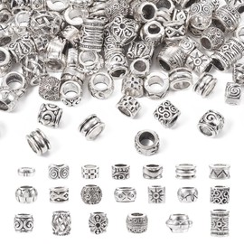 Fashewelry 100pcs Antique Silver Alloy European Beads Large Hole Spacer Beads in Column & Rondelle & Barrel Shape Hole: 5~6mm for Bangle Bracelet Necklace Jewelry Making