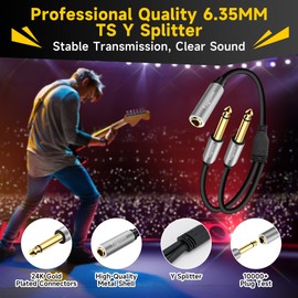Togconn 2-Pack 1/4 inch TS Mono Splitter Y Adapter, 6.35mm Mono Female to Dual 6.35 mm TS Mono Male Jack, Quarter inch Audio Speaker Splitter Converter Cable 1 Feet, Gold Plated Connectors