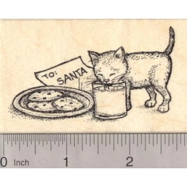 RubberHedgehog Christmas Eve Kitten Drinking Santa's Milk Rubber Stamp, Cat J19501 WM