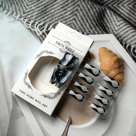 Coffin Press on Nails Medium Length Fake Nails with Rhinestone Stripe Design White Glue on Nails Black Acrylic Nails Press ons Glossy Full Cover False Nails Abstract Stick on Nails for Women 24 Pcs