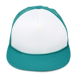 Flat Billed Trucker Cap with Mesh Back Hat in Teal White