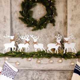 Vercraft 5 Pcs Tabletop Reindeer Christmas Decoration Wooden Rustic Standing Reindeer Decorative White Deer Christmas Decor Vintage Christmas Tiered Tray Decor with Rope Knot for Home Table