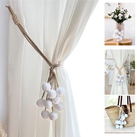 Blau Marité Set of 2 Curtain Tiebacks Made with Cotton Ropes and Coloured Pompoms Curtain Tiebacks Decoration Pom Poms (White)