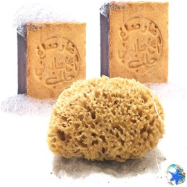 tom&pat Set of Natural Sponge & Aleppo Soap - 360° Body Care for Skin and Hair - Bath Sponge with Exfoliating Effect (15-16 cm) + Natural Soap for Body Care / Hair Washing (2 x 200 g)