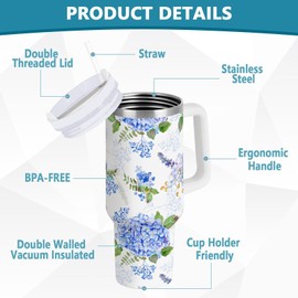 40 oz Tumbler with Straw & Handle - 2 in 1 Lids Leak Proof Tumblers - Large Insulated Stainless Steel Cup - BPA-Free Water Bottle Travel Metal Mug for Women Man, Blue Purple Hydrangea Lilac Floral