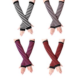 FUGLUS 4 Paare Damen Lange Fingerlose Handschuhe, Gestreift Stricken Armwärmer für Frauen, Lange Armstulpen Handschuhes, Y2k Streifen Fingerlose Armstulpen Handschuhe für Herbst Winter