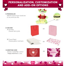 DolliBu I Love You Valentine Plush Green Dragon - Cute Stuffed Animal with Red Shirt and Name Personalization Gift for Valentines Day, Birthday, Anniversary, Romantic Date - 8 Inches