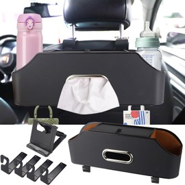 Abnaok Backseat Car Organizer, Leather Car Organizer Backseat, Car Travel Accessories Back Seat Car Organizer with 2 Cup Holder, 1 Tissue Holder, 4 Seat Headrest Hook Storage and Phone Stand Holder