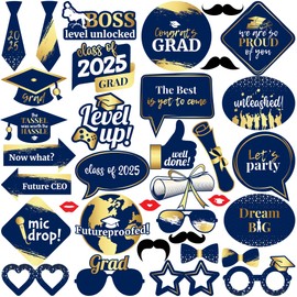 KatchOn, Graduation Photo Booth Props 2025 - Pack of 35 | Graduation Photo Props 2025 | Graduation Props for Blue Graduation Decorations 2025 | Navy Blue and Gold Graduation Decorations Class of 2025
