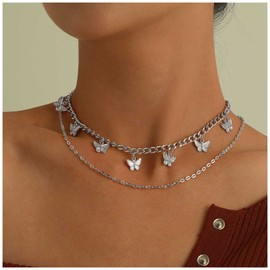 Dervivea Boho Layered Butterfly Necklace Textured Butterflies Choker Necklace Silver Butterfly Pendant Necklace Butterfly Dangle Necklace Jewelry for Women and Girls