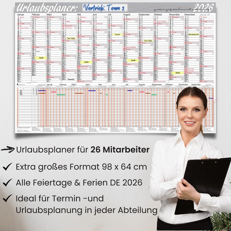 XXL Wall Calendar with Holiday Planner 2026 Employees - Large