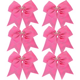 6PCS Large Rhinestones Cheer Hair bows with Crown, Cheerleading Bow with Ponytail Holders Elastic Hair Band for Cheerleaders Teen Girls Sports (Pink)