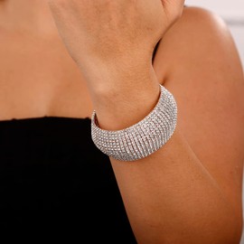 Denifery Crystal Rhinestones Cluster Wide Bangle Bracelet Rhinestone Stackable Stretch Bracelets for Women (Silver)