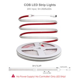 ALITOVE 24V LED Strip Lights Waterproof IP68 Daylight White 6500k COB LED Strip 16.4ft CRI>90 Super Bright Dotless LED Tape Lights for Bedroom Cabinet Pool DIY Lighting(Without Power Supply)