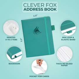 Clever Fox Address Book with alphabetic tabs – PU leather telephone and address book for keeping contacts safe, Contact Organizer Journal, Small Size (4.0″ x 5.5″), Hardcover, Turquoise
