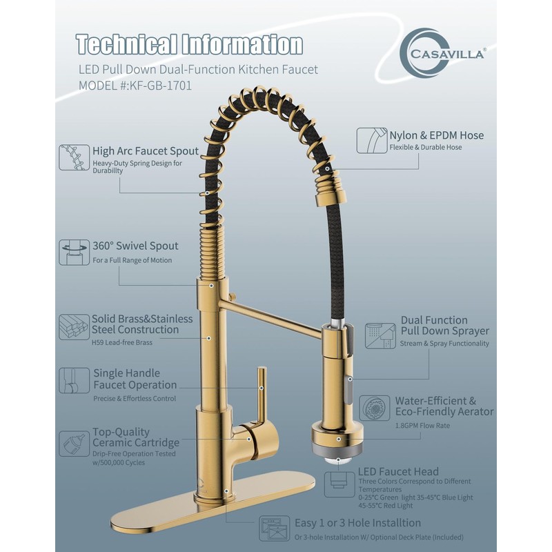 Casavilla LED Kitchen Faucet, Brushed Gold Kitchen Faucet with Soap