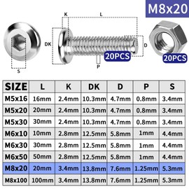 TXXATX Screws M8 x 20 Allen Screws and Nuts Set Pan Head Screws M8 Stainless Steel Screws Full Thread Screws with Nuts 20 Sets Flat Head Screws for DIY Projects Repairs