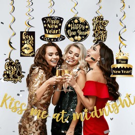 Gold Glitter Kiss Me At Midnight Banner with Hanging Swirl for Happy New Year Decorations 2026 New Years Eve Party Supplies 2026 New Years Eve Banner