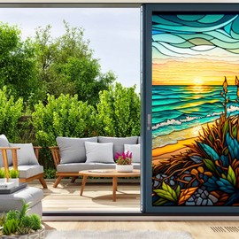 Stained Glass Window Film Privacy Frosted Window Film Self Adhesive Scenery Window Privacy Film Decorative Window Stickers Static Cling UV Blocking for Home Office Bathroom