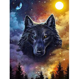 Meecaa Diamond Painting Set Full Pictures Wolf Forest Moon Animal Starry Sky 5D Diamond Painting Diamond Painting with Accessories 30 x 40 cm (Wolf)