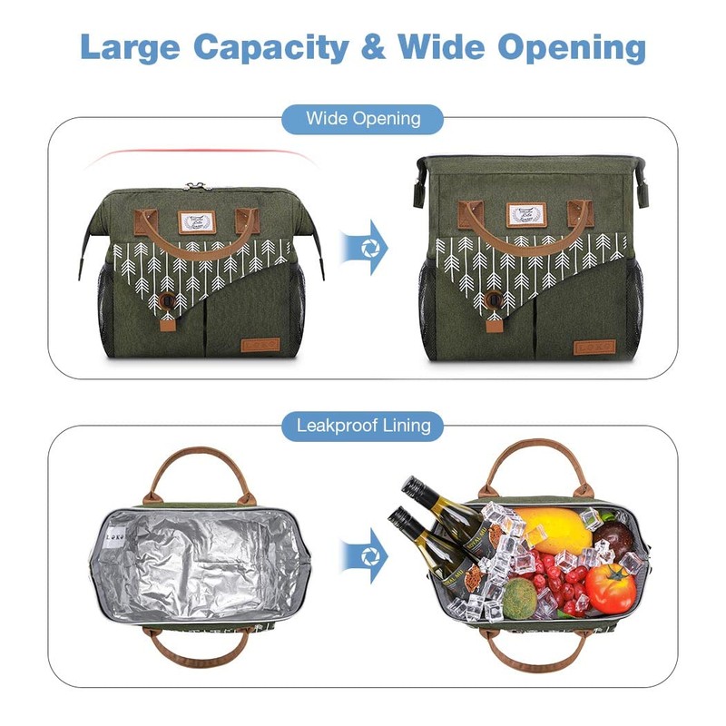 Lekesky Women's Cool Bag, Insulated Lunch Bag, Leak-Proof, Wide Open