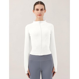 Locachy Women's Lightweight Stretchy Workout Full Zip Running Track Jacket with Thumb Holes White M