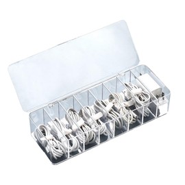 JTGYMY Plastic Cable Management Box with 10 Wire Ties, Clear Power Cord Organizer with 8 Compartments, Transparent Data Cable Organizer