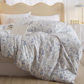 3 Pieces Duvet Cover King Size White Duvet Cover with Blue Floral Print,Coquette Bedding Soft Cotton Comforter Cover Boho Style,Aesthetic King Bedding Set with Zipper Closure 4 Ties