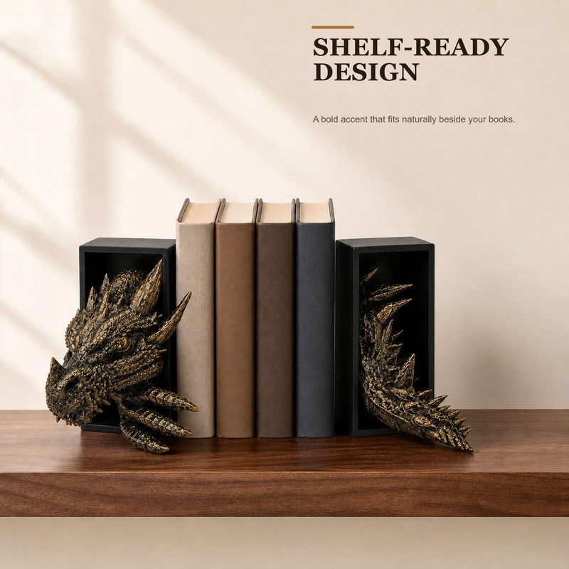 Dragon Bookshelf Decor, Gothic Fantasy Bookends for Home Office, Resin