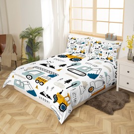 Loussiesd Car Children's Bed Linen Construction Set Cartoon Excavator Crane Tractor Decor Teenagers Truck Tractor Duvet Cover White Yellow Duvet Cover Girls Youth Bedroom Multicoloured 57, 135 x 200 +