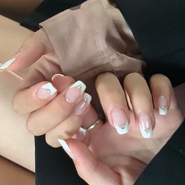 RikView French Acrylic Nails with Rhinestones Square Glossy Press on Nails Short V Nails Design White Nude Full Cover Prom Nails with Glue Sticker Fake Nails 24PCS/Set (A-Crystal)