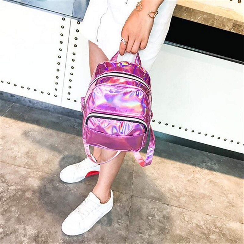 APOSITV Women's Rucksack, Metallic, Small, Silver, Pink, Sparkle, Lightweight, Hologram,
