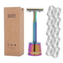 Keropy One Blade Safety Razor With Stand and 10 Premium Stainless Steel Reusable Safety Razor For Men and Women, Single Blade Safety Razors, Rainbow