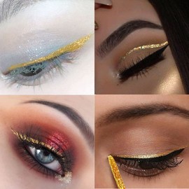Rosarden Glitter Eyeliner Liquid, Gold Glitter Eyeliner, Long-lasting Waterproof Quick-Drying Metallic Shimmer Glitter Liner, Ultra-Fine Tip Sparkle Eyeliner for Multi Dimensional Eye Makeup