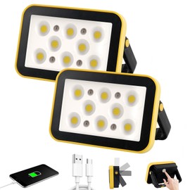 AUMIO 2-Pack Rechargeable Work Lights, COB Outdoor Portable LED Flood Light, Battery Operated Work Lights with Stand, Waterproof Working Light for Job Site Garage Camping Car Repair