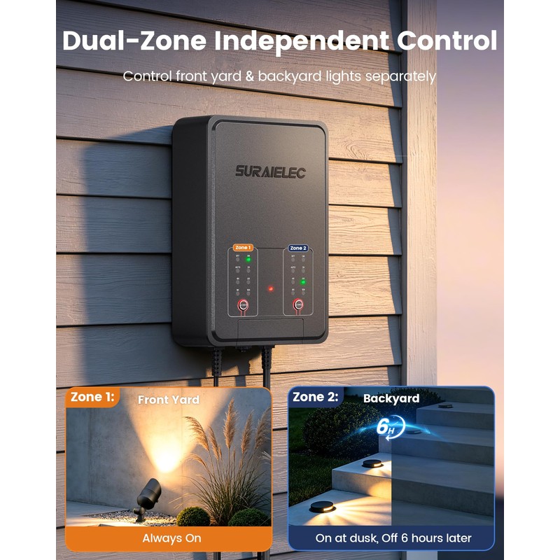 SURAIELEC 200W Low Votage Landscape Transformer with Timer, 2 Zones