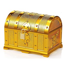 Jilskl Gold Pirate Chest, Pirate Treasure Chest, Children's Treasure Chest, Small Treasure Chest with Lock, Gold-Plated Pirate Treasure Chest for Birthday Gifts, Party Gifts, Role Play