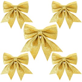 Aurasky Bows Christmas Gold, Pack of 5 Christmas Tree Bows Gold, Christmas Bows Large, Christmas Glitter Bows, Gift Christmas Decoration Bows 24 and 18 cm