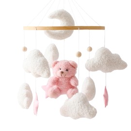 Herfair Mobile Baby Bed Bell with Teddy Bear Wooden Girls Hanging Mobile Wind Chime for Cot Bed (Pink)