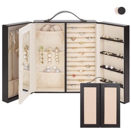 DesignSter Jewelry Box for Women, Jewelry Storage with Mirror, Travel Jewelry Organizer with Handle for Stud Earrings, Rings, Necklaces, Bracelets(Black Brown & Apricot)